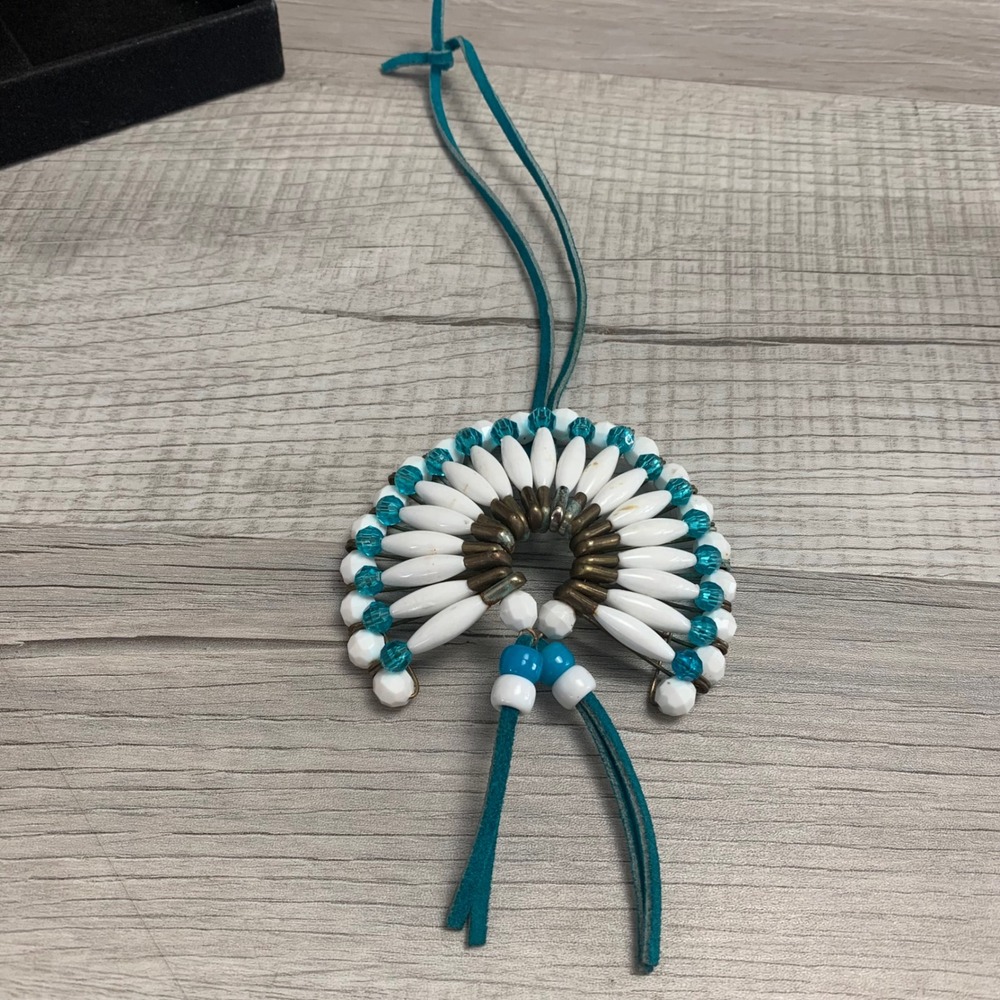 Vintage Beaded Fan Pendant Necklace Teal Suede Cord Southwestern Boho White Blue